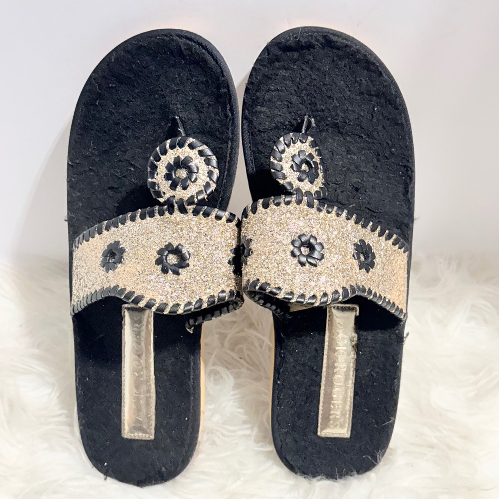 Jack Rogers Womens Black Gold Glitter Faux Fur Thong Sandals Size 10M